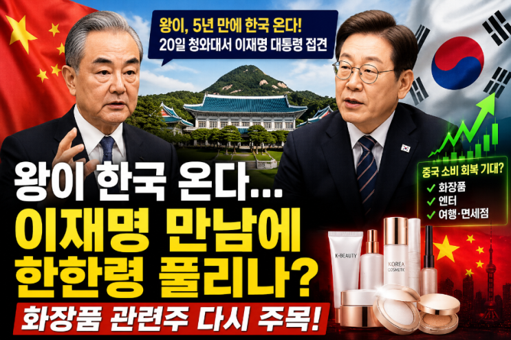 <b>왕이</b> 한국 온다…이재명 만남에 한한령 풀리나? 화장품 관련주 다시....