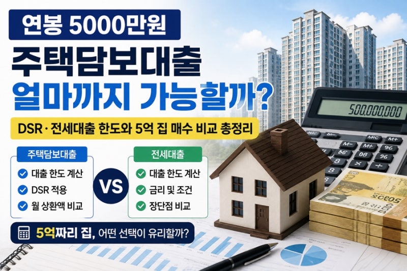 연봉 5000만원 주택담보대출 얼마까지 가능할까? DSR 전세 대출 한도와 5억 집 매수 비교 총정....
