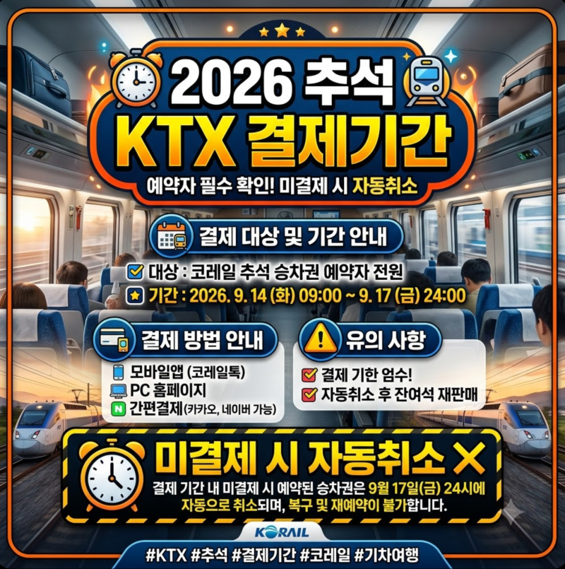 2026 추석 KTX 결제기간 9월 12일 시작 일반예매 15일 마감