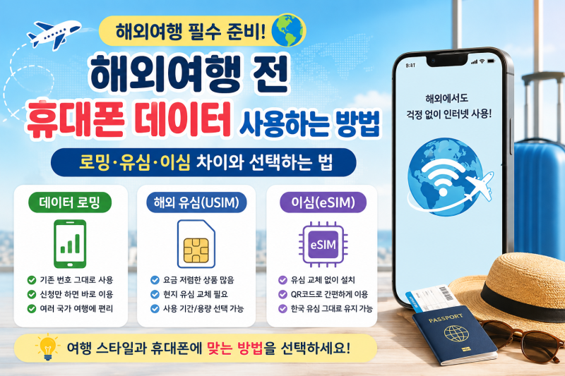 해외여행 전 휴대폰 데이터 사용하는 방법｜로밍·유심·이심 차이와 선택하는 법