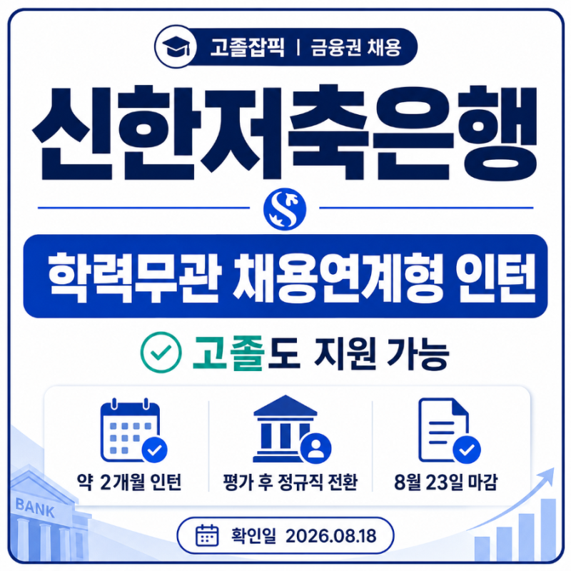 신한저축은행 고졸도 지원 가능｜학력무관 채용연계형 인턴·정규직 전환, 8월23일 마감