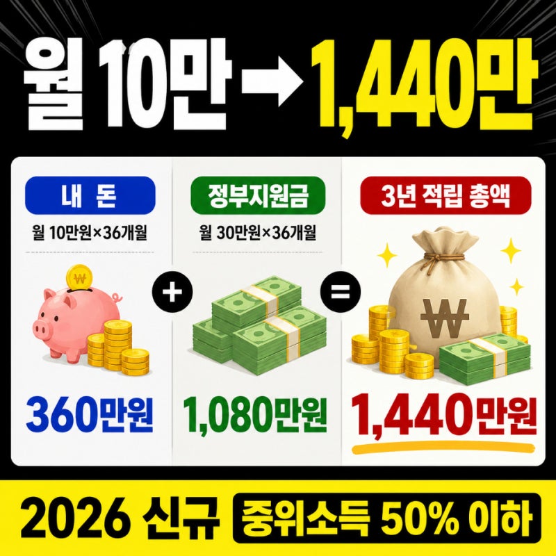 청년내일저축계좌 2026, 신규는 중위소득 50% 이하 월 30만원 지원