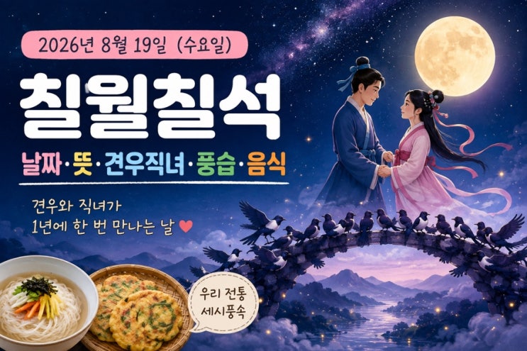2026년 <b>칠월 칠석</b> 날짜 언제? 뜻과 견우직녀 이야기 풍습 먹는 음식 ....