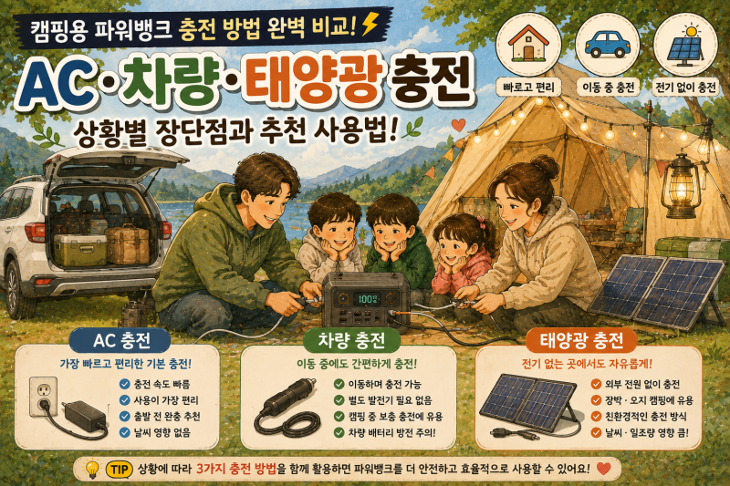 캠핑용 파워뱅크 충전 방법! AC·차량·태양광 충전 방식 비교