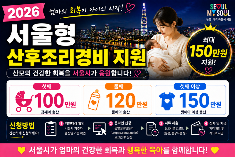 2026 서울형 산후조리경비｜첫째 100·둘째 120·셋째 150만원 신청방법