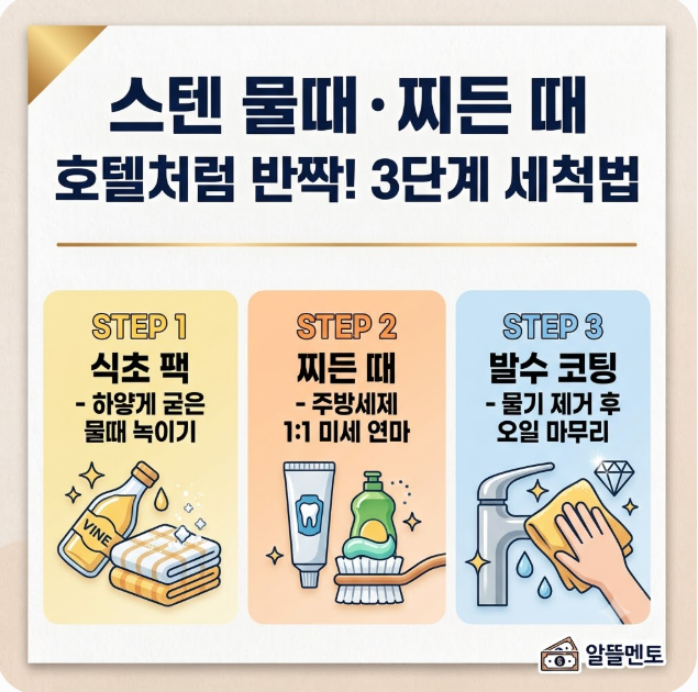 화학세제 없이 스텐 수전·싱크대 물때 싹 지우고 호텔처럼 광내는 법