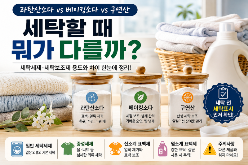 과탄산소다·베이킹소다·구연산·중성세제 차이｜세탁할 때 어떤 걸 써야 할까?