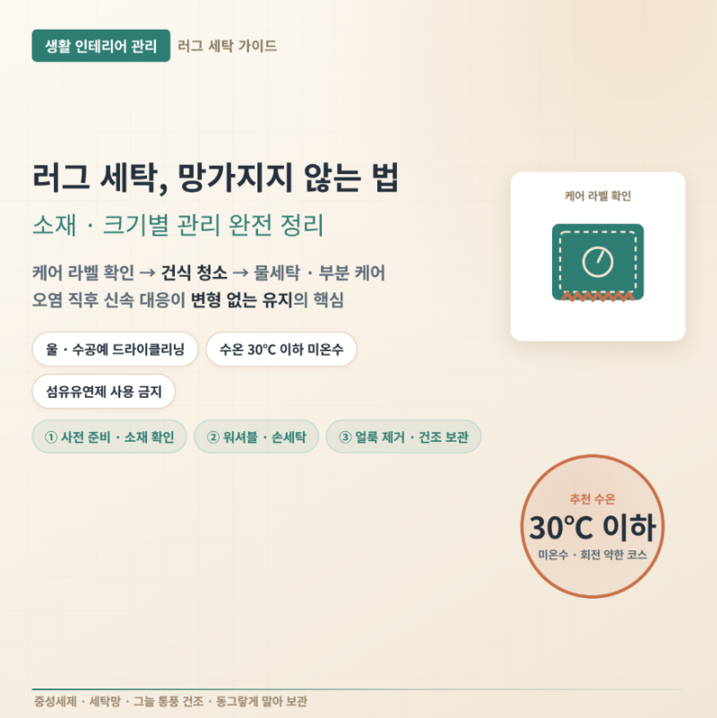 워셔블 대형 단모 장모 러그 세탁법: 변형 없이 오염 제거하는 가이드