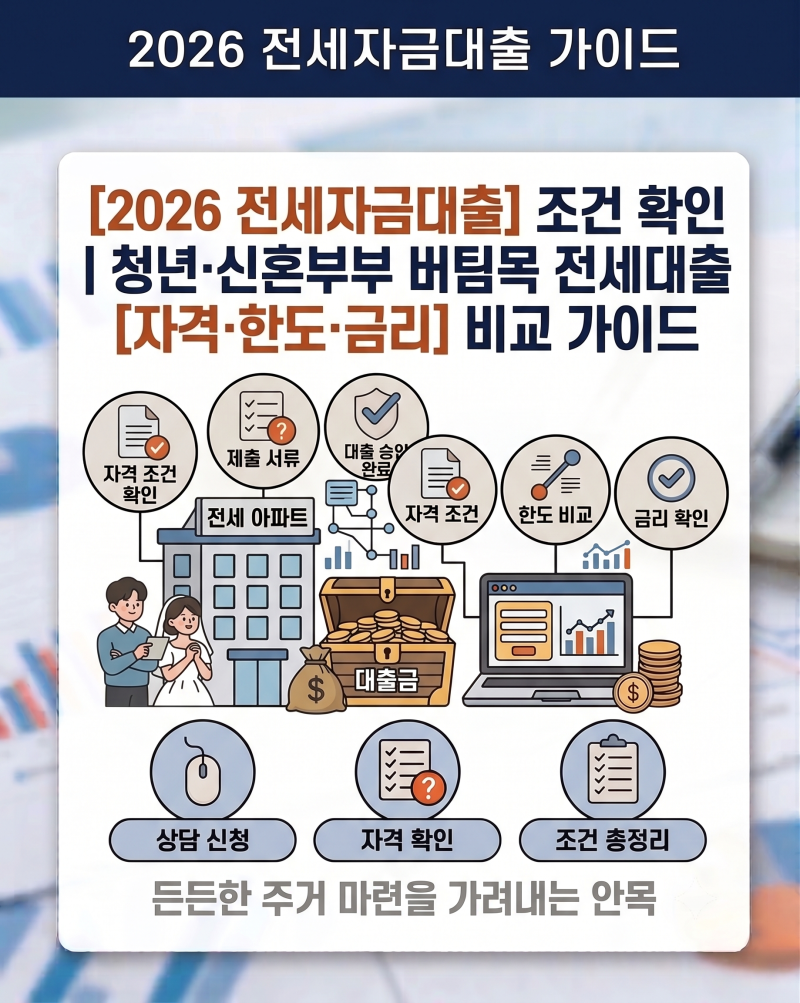 2026 전세자금대출 조건 확인 | 청년·신혼부부 버팀목 전세대출 자격·한도·금리 비교 가이드