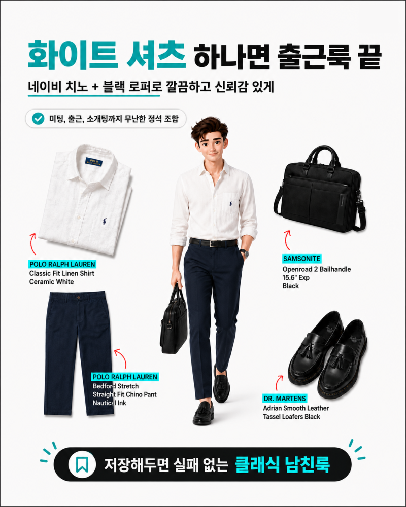 남자 화이트 셔츠 코디, 폴로 랄프로렌으로 완성한 늦여름 출근룩