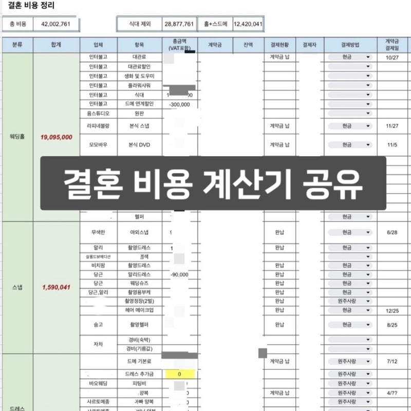 W32. 결혼 비용 예산 엑셀 공유(비밀번호 없음)