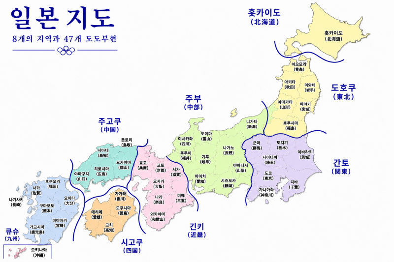 일본 8개 지방과 47 도도부현(道都府県) 지도, 인구수