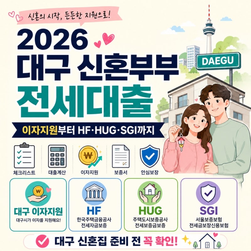 2026 대구 신혼부부 전세대출 총정리｜이자지원부터 HF·HUG·SGI까지