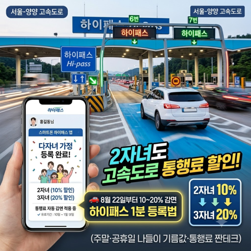 "2자녀도 고속도로 통행료 10% 할인! 8월 22일 시행 다자녀 감면 대상 & 하이패스 등록 방법 총....