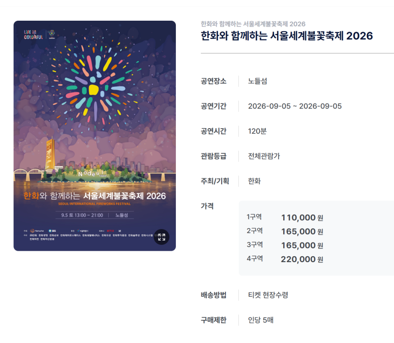 2026 서울세계불꽃축제 9월 5일, 노들섬 무료 명당 아니다? 오렌지플레이존 티켓 가격·입장 총....