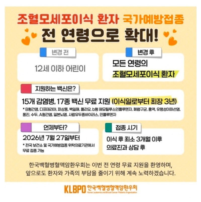 한국백혈병혈액암환우회^^ 조혈모세포이식 환자 국가예방접동 전 연령으로 확대:)