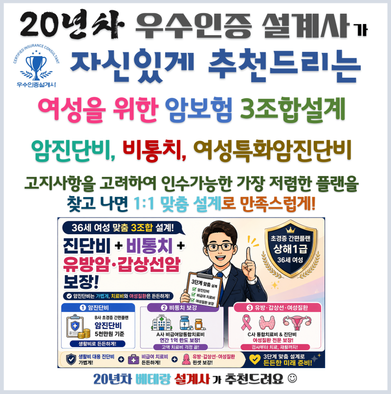 여성 암보험 추천_유방물혹과 자궁폴립 수술 이력이 있다면 암진단비 비통치 여성암 3조합으....