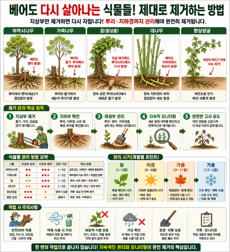 아까시나무·가죽나무·칡·대나무 제거방법｜지상부와 지하부 관리시기·방법·주의사항