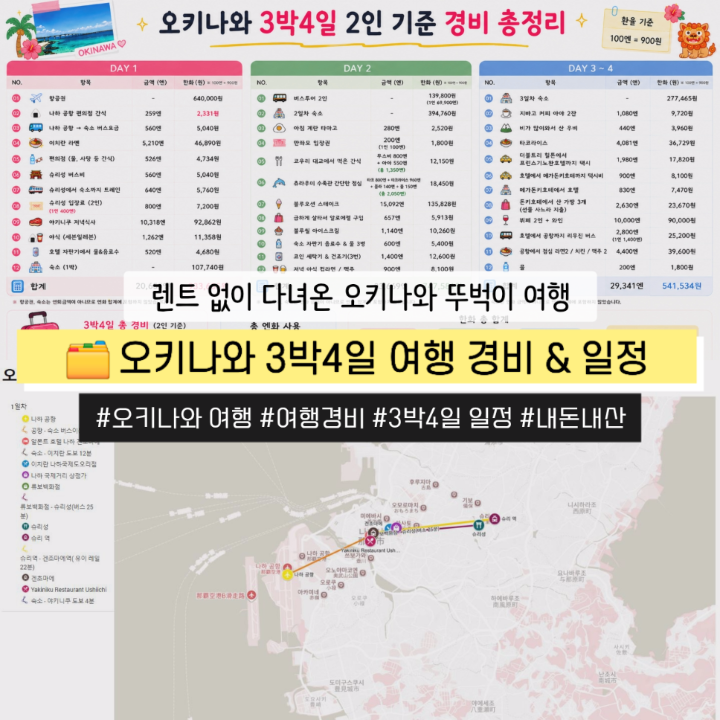 오키나와 렌트 없이 3박4일 뚜벅이 여행 2인 경비 •일정 총정리