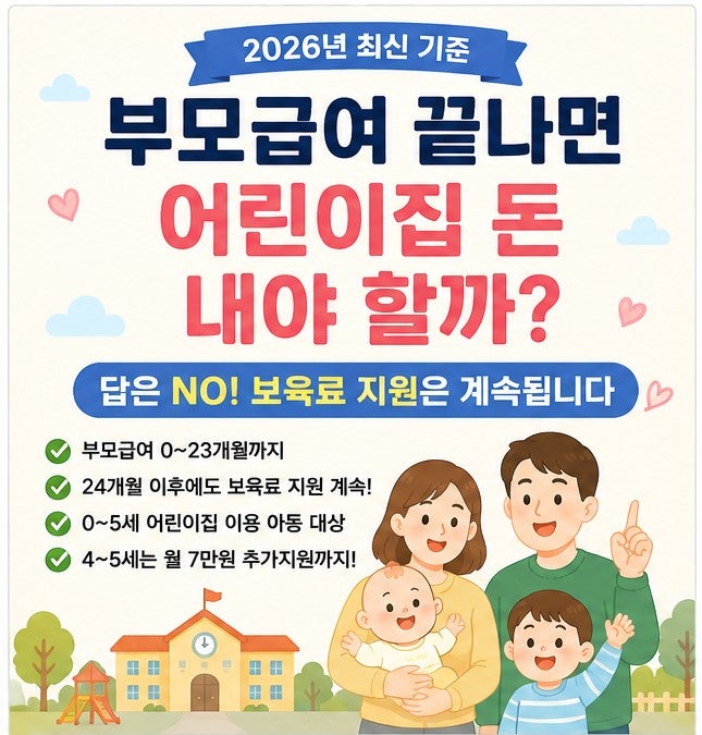 부모급여 끝나면 어린이집 돈 내야 할까? 2026 보육료 2세·3세·4세·5세 총정리
