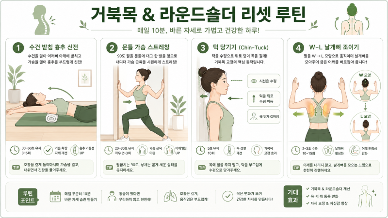 목·어깨 통증과 뻐근함 싹 날리는 '거북목·라운드숄더 교정 스트레칭' 4단계 루틴