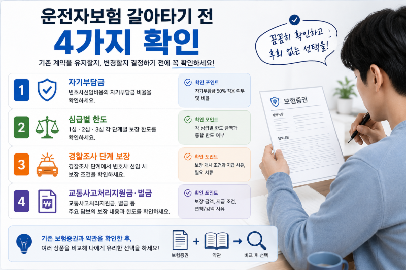 2026 운전자보험 변호사선임비용 총정리｜자기부담금 50%·심급별 한도 핵심 정리