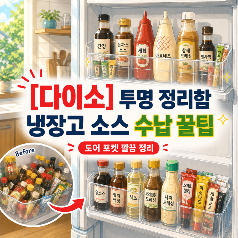 다이소 투명 정리함으로 냉장고 도어 포켓 소스류 깔끔하게 수납한 방법