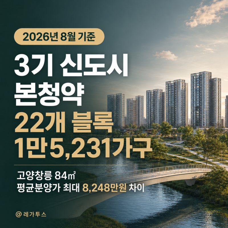 2026년 8월 기준 3기 신도시 본청약 22개 블록 1만5,231가구｜고양창릉 84㎡ 평균분양가 최대 8,248....