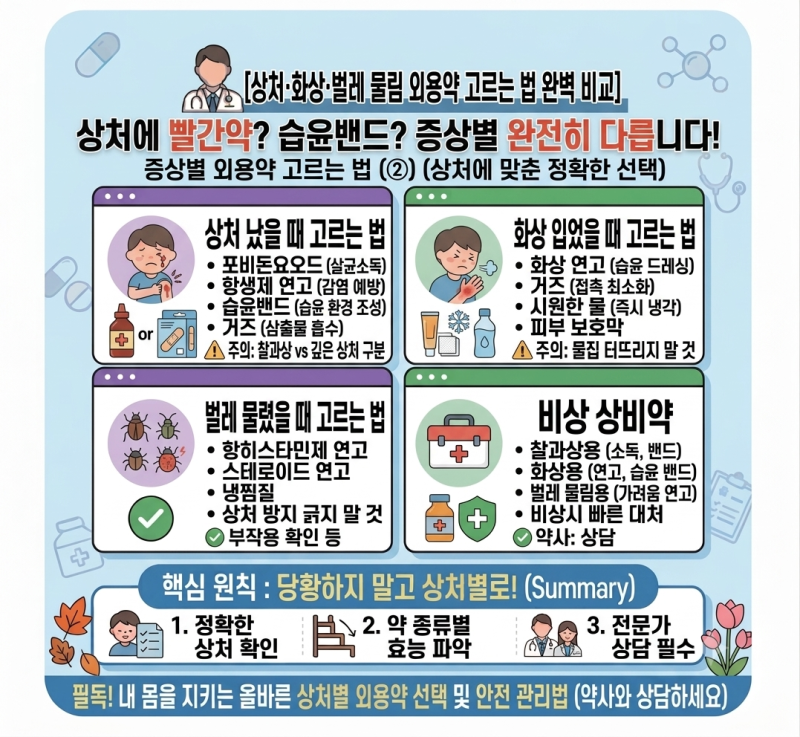 상처에 빨간약? 습윤밴드? — 상처·화상·벌레 물림 외용약 고르는 법 (상비약 ②)