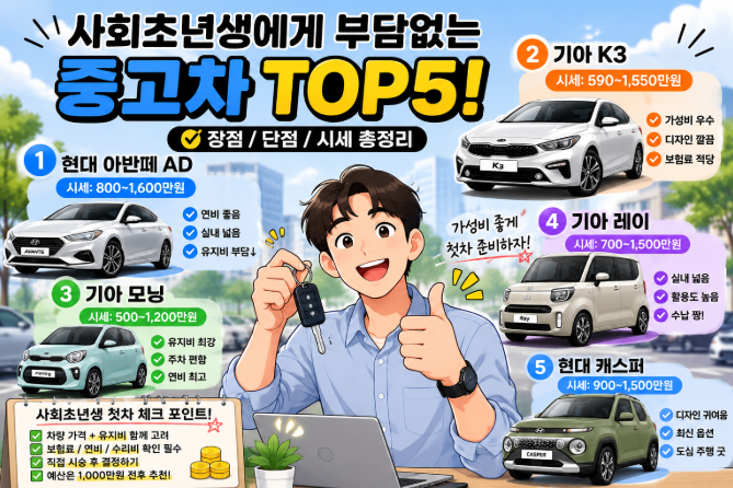 사회초년생 중고차 추천 TOP 5! 1,000만원 이하 가성비 모델 장단점과 시세 총정리