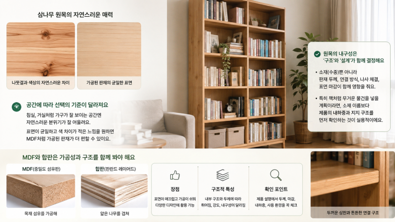 삼나무 원목 공간박스, MDF·합판과 비교하면 어떤 차이가 있을까요?