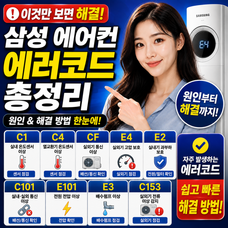 삼성 에어컨 에러코드 총정리 C1 C4 CF E4 E2 C101 E101 E3 C153 원인 해결 방법