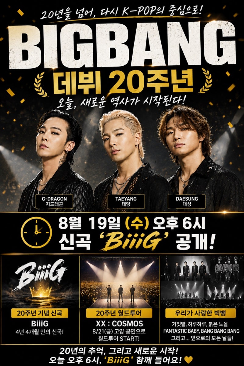 빅뱅 데뷔 20주년, 오늘 신곡 ‘BiiiG’ 공개! 4년 4개월 만에 돌아온다