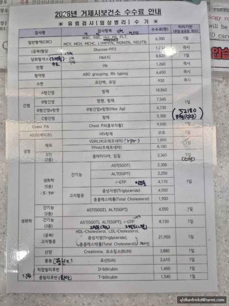 거제시 수월 보건소 피검사항목 가격 ,당화혈색소 콜레스테롤 무료검사 후기