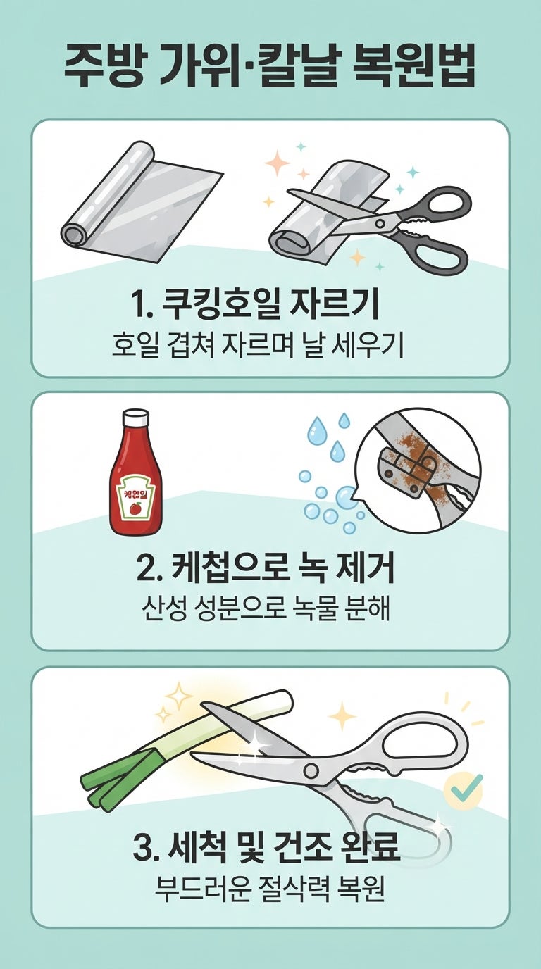 오래되어 녹슬고 뻑뻑한 주방 가위·칼 1분 복원법 | 숫돌 없이 쿠킹호일(은박지) 자르기와 케....