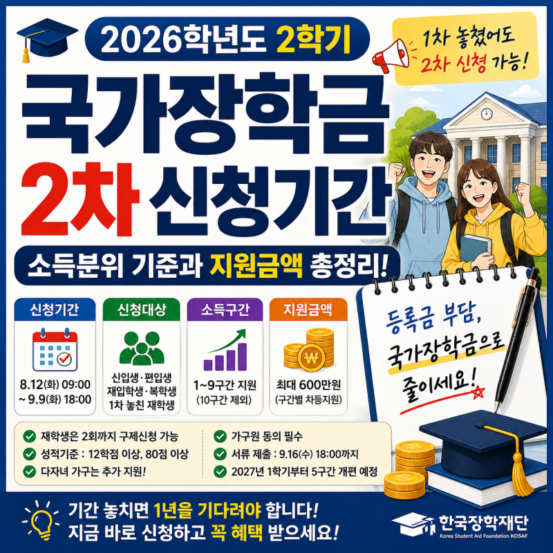 국가장학금 2차 신청기간 2026 소득분위 9구간 지원금액까지