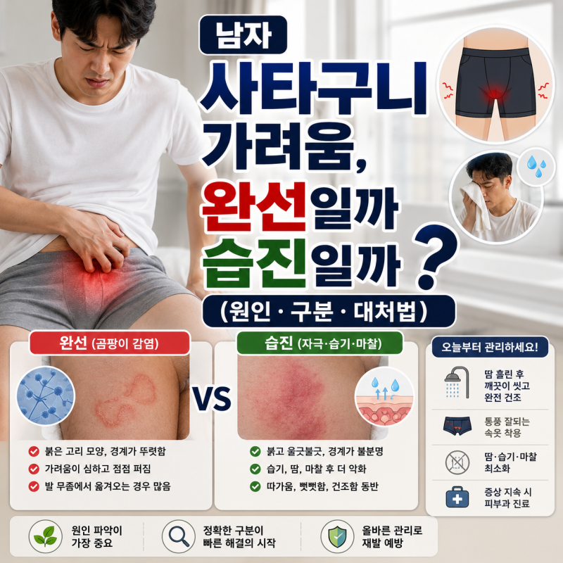 남자 사타구니 가려움, 완선일까 습진일까 (원인·구분·대처법)