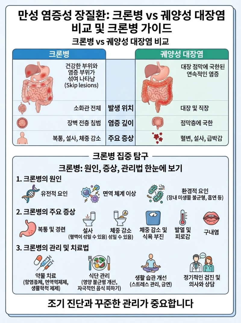크론병 vs 궤양성 대장염 비교: 증상 원인부터 치료 및 식단 차이점