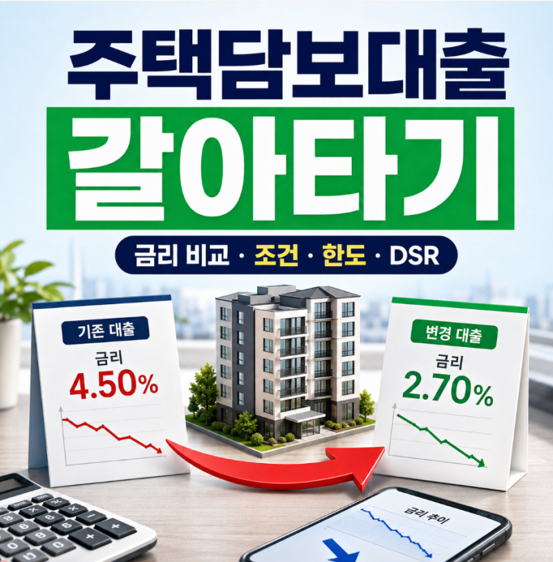 주택담보대출 갈아타기 금리 비교｜조건·한도·DSR·기간·필요서류 총정리