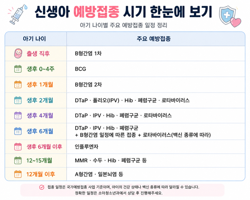 신생아 예방접종 시기 총정리 | 출생 직후부터 돌까지 예방접종, 영유아 검진 순서