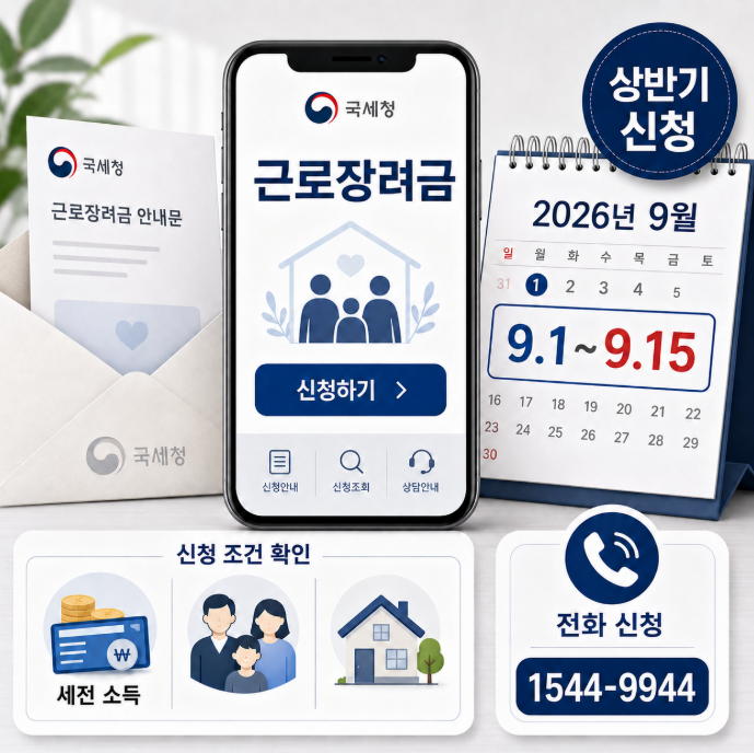 2026 근로장려금 신청기간 (상반기, 9월) 조건, 세전 금액 전화 신청