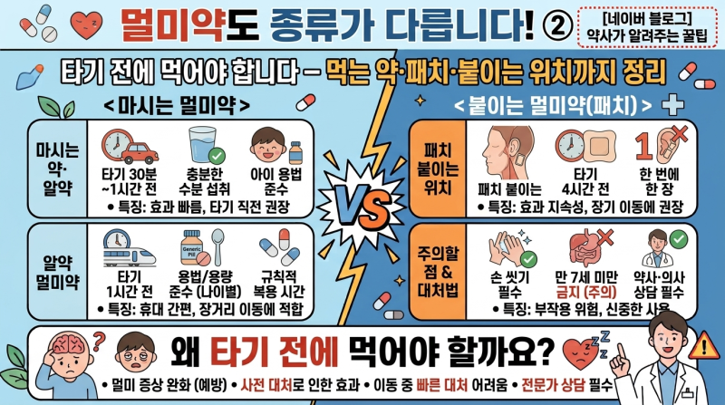멀미약은 타기 전에 먹어야 합니다 — 먹는 약·패치·붙이는 위치까지 정리