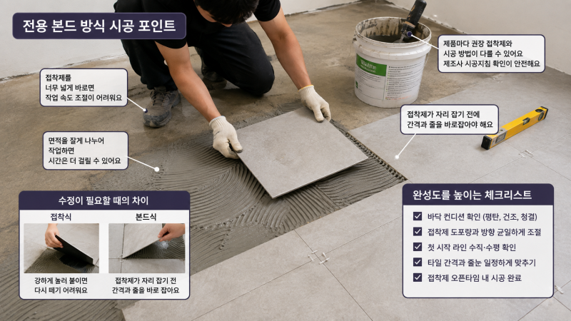 접착식 데코타일과 전용 본드 시공, 셀프 시공 난이도 차이는?