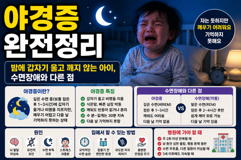 야경증 완전정리 — 밤에 갑자기 울고 깨지 않는 아이, 수면장애와 다른 점
