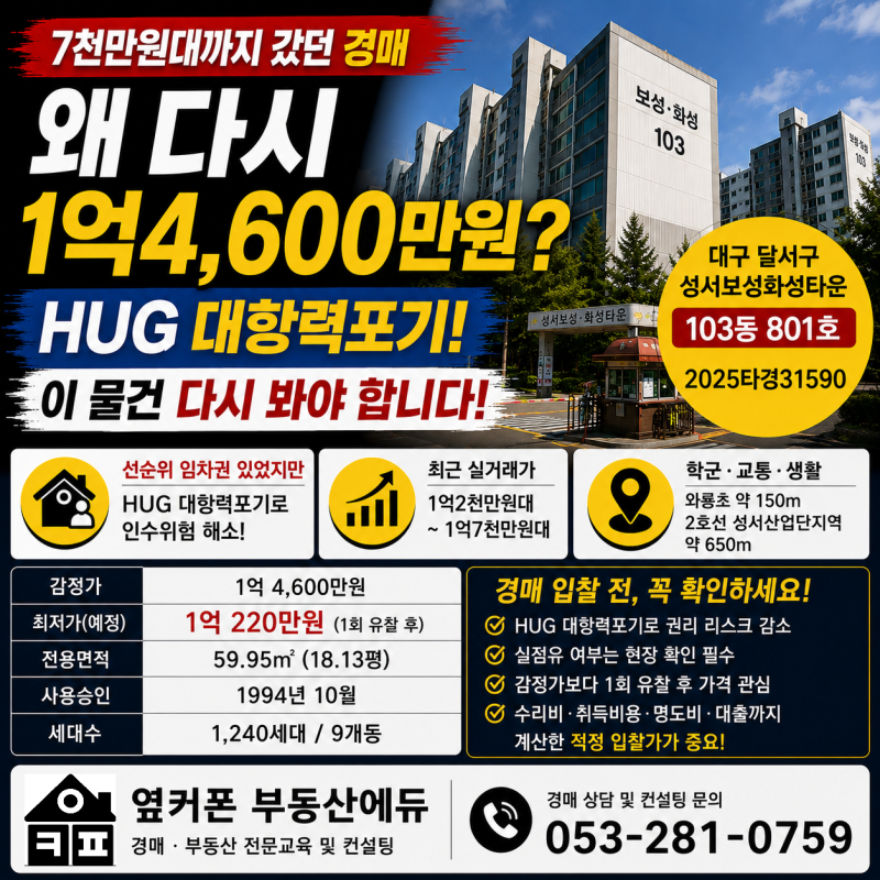 대구 달서구 이곡동 성서보성화성타운 경매 아파트 HUG 대항력포기 후 얼마까지 써도 될까?2025타경31590 사진 2