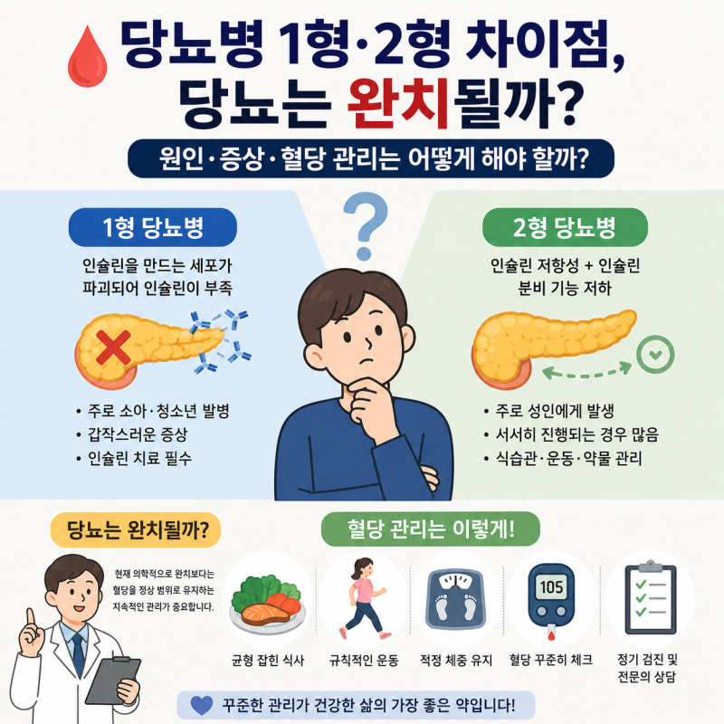 당뇨병 1형·2형 차이점, 당뇨는 완치될까? 원인·증상·혈당 관리는 어떻게 해야 할까?