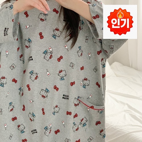헬로키티 잠옷 산리오 임산부 긴팔 원피스 모달 면 파자마 홈웨어 빅사이즈 그레이밀크로 편....