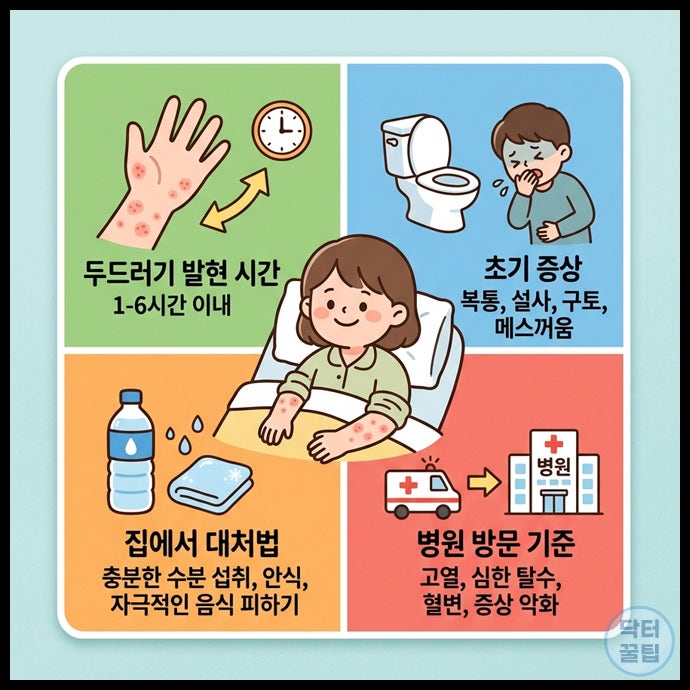 급성 식중독 초기 증상 두드러기 발현 시간 및 집에서 대처법 병원 방문 기준