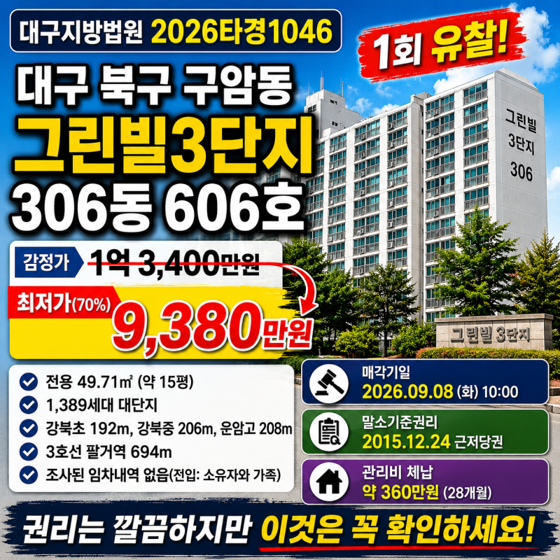 대구 북구 구암동 그린빌3단지 경매 1억3400만원 아파트가 9380만원? 2026타경1046 권리분석 사진 2