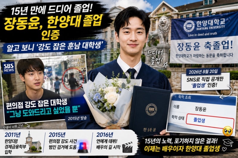 “15년 만에 드디어 졸업했다!” 장동윤, 한양대 졸업 인증…알고 보니 ‘강도 잡은 훈남 대....